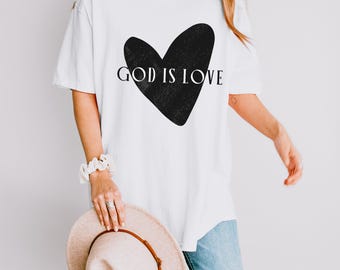 God is Love Comfort Colors Tee Christian Heart Oversized T-Shirt, Trendy Faith Based