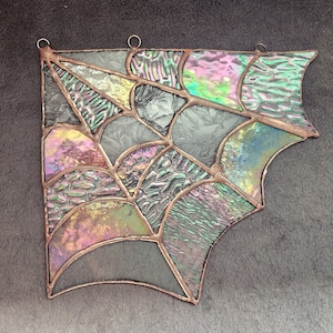 Iridescent spiderweb stained glass corner suncatcher