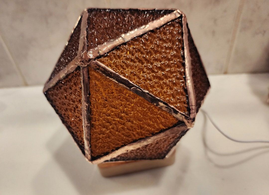 Copper D20 Isohedron LED Stained Glass Lamp 8