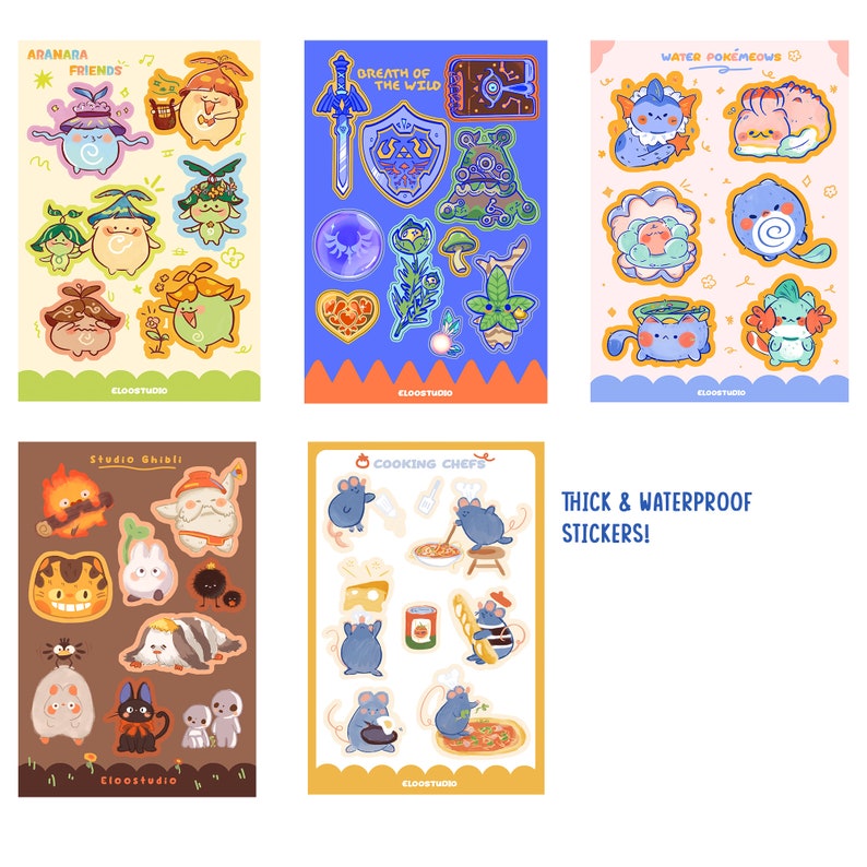May include: A collection of colorful, thick, and waterproof stickers. The stickers feature various themes, including "Aranara Friends," "Breath of the Wild," "Water Pokemeows," "Studio Ghibli," and "Cooking Chefs." The text "THICK & WATERPROOF STICKERS!" is also visible.