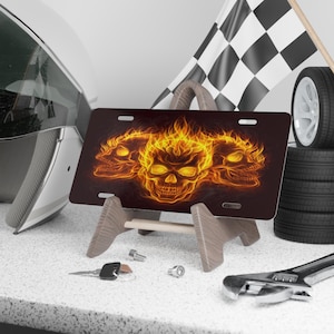 Three Fire Skulls Custom License Plate, Horror Fire Skulls, Flame Skull license plate, Custom Flame License plate, Halloween License plate