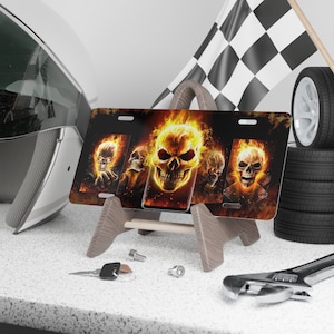 Skull Fire Custom Front License Plate, Horror Fire Skulls, Flame Skull license plate, Custom Flame License plate, Halloween License plate
