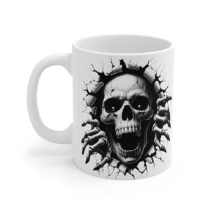 Witte keramische mok met schedel, 11 oz, schedelmokontwerp, schedelmok 11 oz. Witte keramische schedelmok van Halloween, witte Halloween-schedelmok.