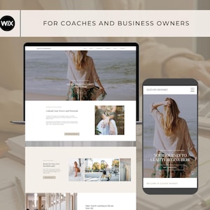 May include: A website design displayed on a laptop and a smartphone. The website features a light color scheme with images of a woman on a beach. The text "FOR COACHES AND BUSINESS OWNERS" is at the top. The smartphone displays the text "YOUR JOURNEY TO CLARITY BEGINS HERE."