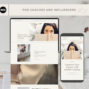 Könnte beinhalten: Ein Screenshot einer Coaching-Website mit dem Text "Empower Your Journey with Soulful Coaching" und einem Foto einer Frau, die ein Buch hält. Die Website ist für Coaches und Influencer konzipiert.