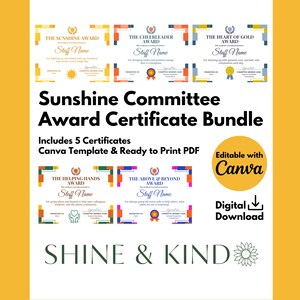 Op de afbeelding: Een bundel van vijf awardcertificaten met kleurrijke randen en tekst. De certificaten omvatten "Sunshine Award", "Cheerleader Award", "Heart of Gold Award", "Helping Hands Award" en "Above & Beyond Award". De afbeelding bevat ook de tekst "Sunshine Committee Award Certificate Bundle."