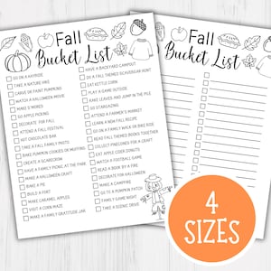 May include: Black and white printable checklist with the text "Fall Bucket List" and a variety of fall-themed icons. The checklist includes activities such as going on a hayride, carving pumpkins, and attending a fall festival.
