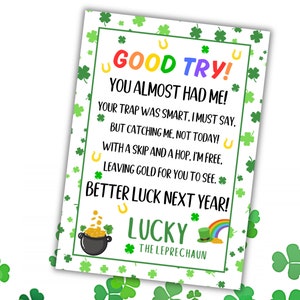 Leprechaun Trap Letter, Notas do Dia de São Patrício de Lucky the Leprechaun, St Patty's para crianças, download instantâneo, 8x10, 5x7