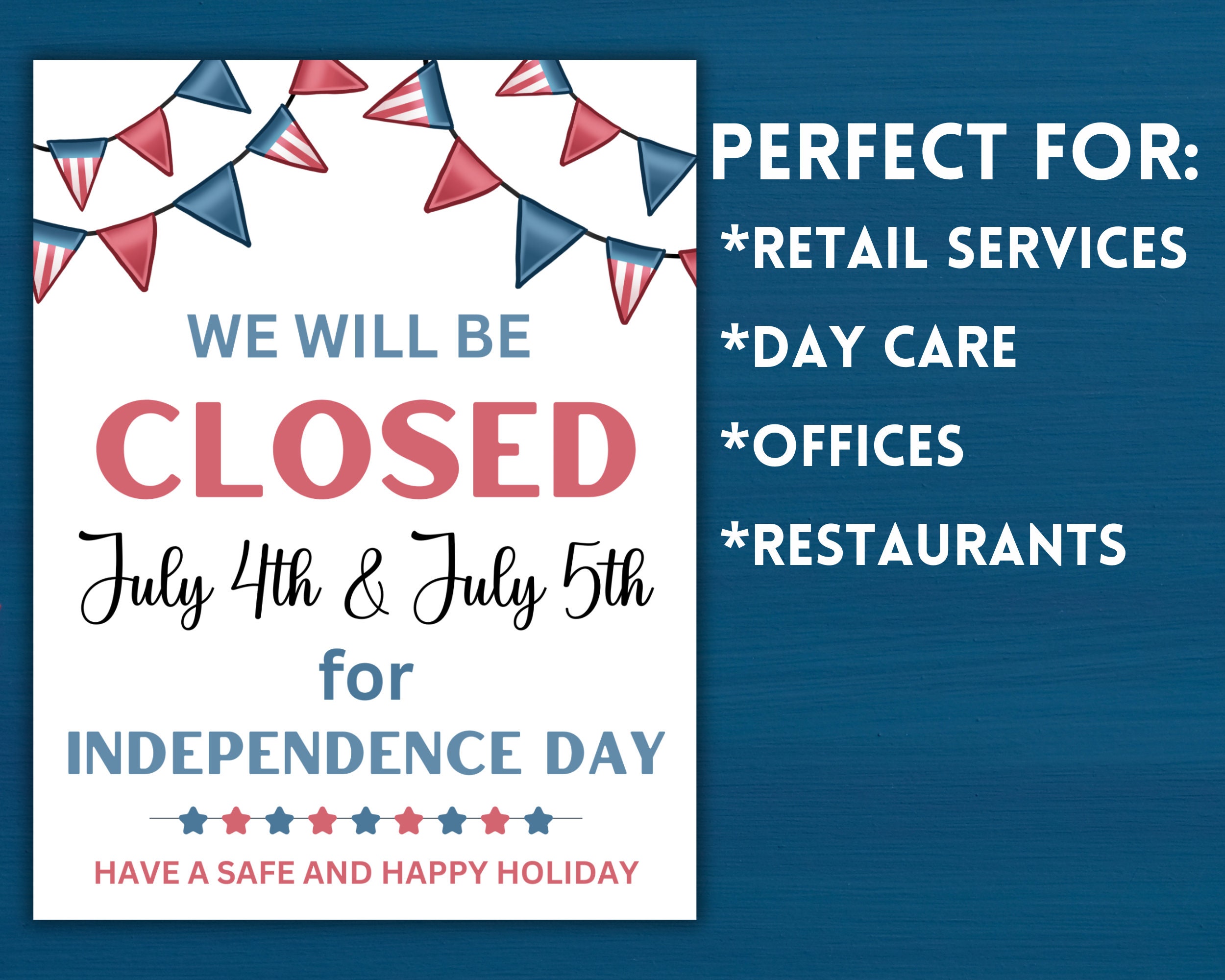 closed for july 4 and 5 printable sign, instant download, pdf, jpg