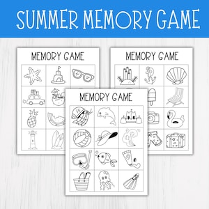 Jogo da memória de verão para impressão, preto e branco, jogo de correspondência e memória, atividade de verão, jogo divertido para a família, divertido e educativo