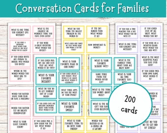 May include: A set of 200 conversation cards for families, featuring various questions on colorful rectangular cards. The cards are designed to spark discussions, with questions like "What is your favorite dessert?" and "What is the thing you worry about most?"