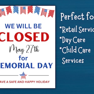 Printable "closed for Memorial Day" Sign - Instant Download - Memorial ...