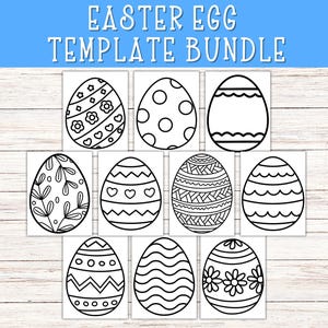 Peut inclure: Un ensemble de dix modèles d'œufs de Pâques imprimables. Chaque modèle présente un motif noir et blanc différent, y compris des pois, des cœurs, des rayures et des motifs géométriques.