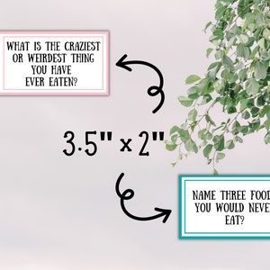 May include: Two rectangular cards with text: "WHAT IS THE CRAZIEST OR WEIRDEST THING YOU HAVE EVER EATEN?" and "NAME THREE FOODS YOU WOULD NEVER EAT?" The cards measure 3.5" x 2". The cards have a pink and teal border.