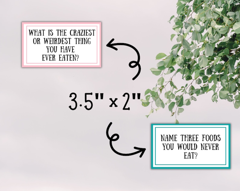 May include: Two rectangular cards with text: "WHAT IS THE CRAZIEST OR WEIRDEST THING YOU HAVE EVER EATEN?" and "NAME THREE FOODS YOU WOULD NEVER EAT?" The cards measure 3.5" x 2". The cards have a pink and teal border.