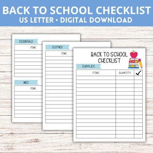 Back to School Printable Checklist, INSTANT DOWNLOAD, School Supply List, Back to School Planner, Kids Checklist, Digital Download