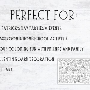 May include: Black and white printable coloring page featuring St. Patrick's Day themed illustrations, including shamrocks, leprechauns, rainbows, and the text "Happy St. Patrick's Day".