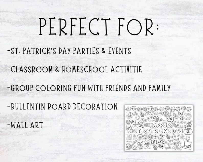 May include: Black and white printable coloring page featuring St. Patrick's Day themed illustrations, including shamrocks, leprechauns, rainbows, and the text "Happy St. Patrick's Day".