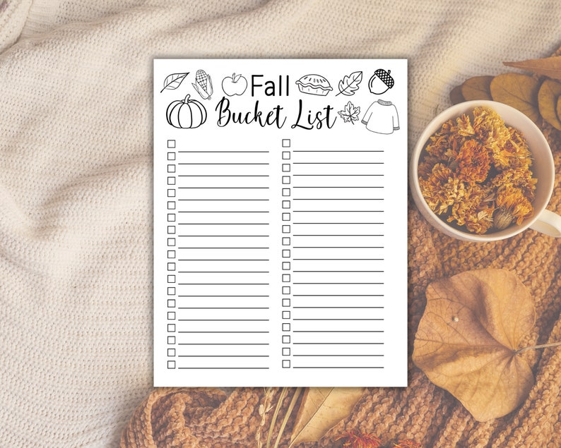 Herbst Bucket List zum Ausdrucken Schwarz und Weiß 4 Größen