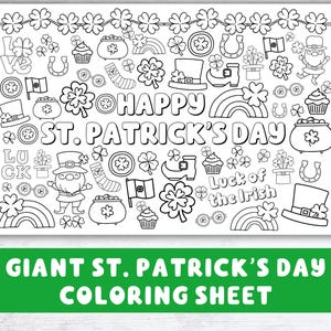 May include: A black and white coloring page featuring a variety of St. Patrick's Day themed illustrations, including shamrocks, leprechauns, pots of gold, and the text "Happy St. Patrick's Day".