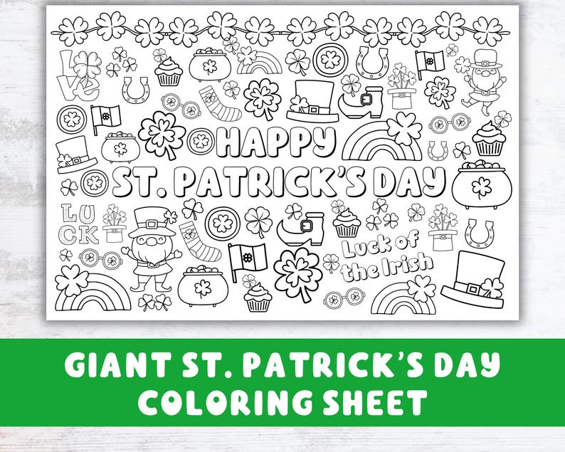 May include: A black and white coloring page featuring a variety of St. Patrick's Day themed illustrations, including shamrocks, leprechauns, pots of gold, and the text "Happy St. Patrick's Day".