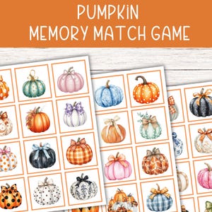 May include: A memory match game featuring illustrated pumpkins in various colors and patterns. The game cards display pumpkins with bows, polka dots, and floral designs. The words "PUMPKIN MEMORY MATCH GAME" are at the top.