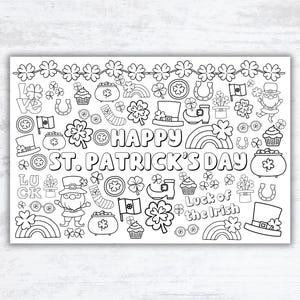 May include: A black and white coloring page with a St. Patrick's Day theme. The page features a variety of images, including shamrocks, pots of gold, leprechauns, rainbows, and the text "Happy St. Patrick's Day".