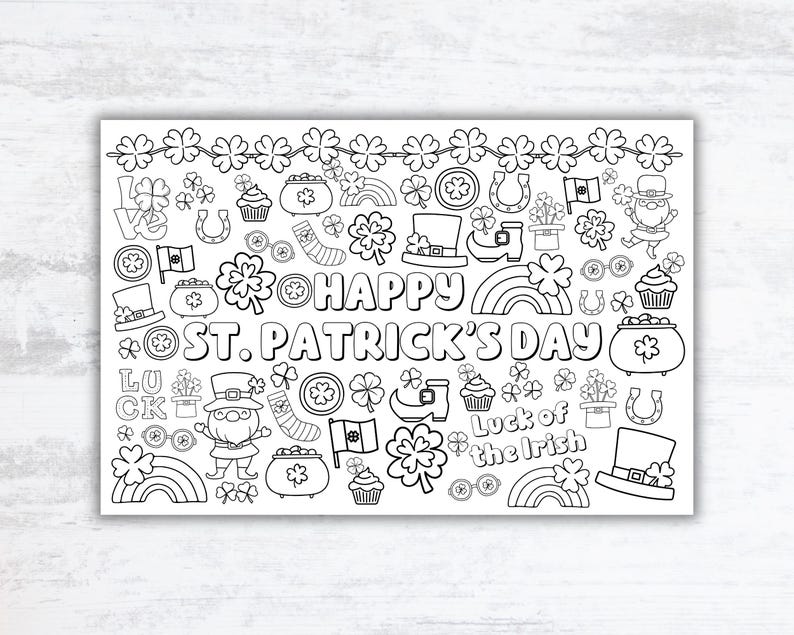 May include: A black and white coloring page with a St. Patrick's Day theme. The page features a variety of images, including shamrocks, pots of gold, leprechauns, rainbows, and the text "Happy St. Patrick's Day".