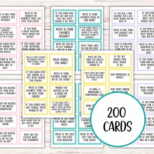 May include: A set of 200 conversation starter cards with various questions printed on them. The cards are rectangular with a white background and colorful borders. A circular graphic reads "200 CARDS".