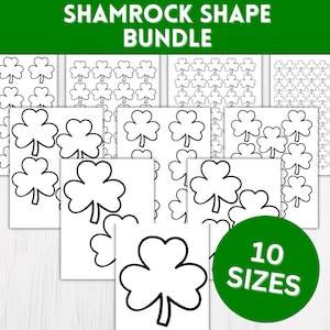 May include: A set of 10 printable shamrock shapes in various sizes. The shamrocks are outlined in black and are ready to be colored.