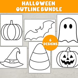 May include: A Halloween outline bundle with six designs. The designs include a pumpkin, bat, ghost, witch's hat, candy corn, and jack-o'-lantern. The text "Halloween Outline Bundle" is at the top. A circle with the text "6 Designs" is in the centre.