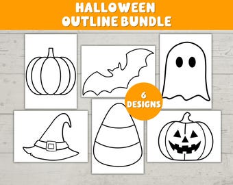 May include: A Halloween outline bundle featuring six designs. The designs include a pumpkin, bat, ghost, witch hat, candy corn, and jack-o'-lantern. The text "Halloween Outline Bundle" is at the top. A circle with the text "6 Designs" is in the center.