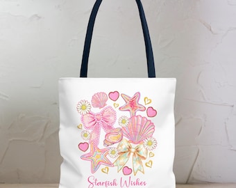 Kokette Tote Bag - Pastell Muscheln, Schleifen & Herzen, Sommer Küstentasche