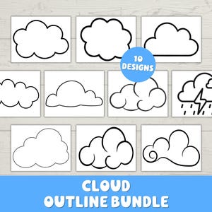 Könnte beinhalten: Eine Sammlung von zehn schwarz-weißen Wolkenumriss-Illustrationen in einem Raster angeordnet. Die Designs zeigen verschiedene Wolkenformen, darunter eine Gewitterwolke mit Blitz und Regen. Ein blaues Abzeichen zeigt den Text 10 DESIGNS.
