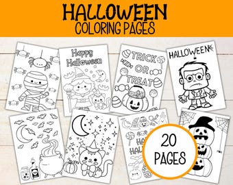 Puede incluir: Un conjunto de 20 páginas para colorear de Halloween en blanco y negro con varios personajes y temas, incluyendo una momia, una bruja, una calabaza, un caldero, un gato y un monstruo de Frankenstein. El texto "HALLOWEEN COLORING PAGES" está en la parte superior de la imagen, y el texto "20 PAGES" está en un círculo en la esquina inferior derecha.