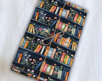 Floral Bookcase Wrapping Paper: Watercolor Library Design, Book Lover Gift Wrap