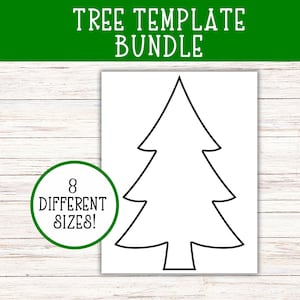 Op de afbeelding: Een wit papier met een zwarte omtrek van een kerstboom. De tekst "TREE TEMPLATE BUNDLE" staat bovenaan en een groene cirkel met de tekst "8 DIFFERENT SIZES!" staat links.
