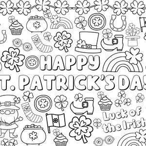 May include: Black and white illustration of St. Patrick's Day themed items, including shamrocks, leprechauns, pots of gold, and rainbows. The text "Happy St. Patrick's Day" and "Luck of the Irish" are included in the design.