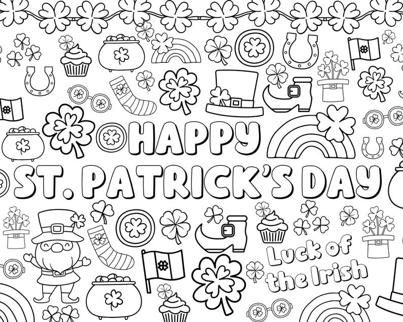 May include: Black and white illustration of St. Patrick's Day themed items, including shamrocks, leprechauns, pots of gold, and rainbows. The text "Happy St. Patrick's Day" and "Luck of the Irish" are included in the design.