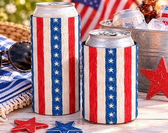Patriotisk randig burkkylare | Retro Americana dryckeshylsa | USA 250-årsjubileums-Koozie