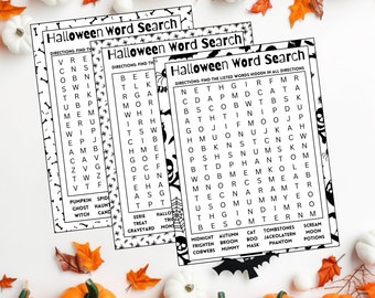 May include: Three printable Halloween word search puzzles with black and white illustrations of bats, skulls, and spiders. The puzzles feature words related to Halloween, such as "pumpkin", "ghost", "witch", "treat", "frighten", "cobwebs", "mummy", and "phantom".