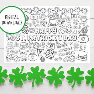 May include: Black and white printable coloring page featuring a St. Patrick's Day theme with shamrocks, rainbows, leprechauns, pots of gold, and the text "Happy St. Patrick's Day".