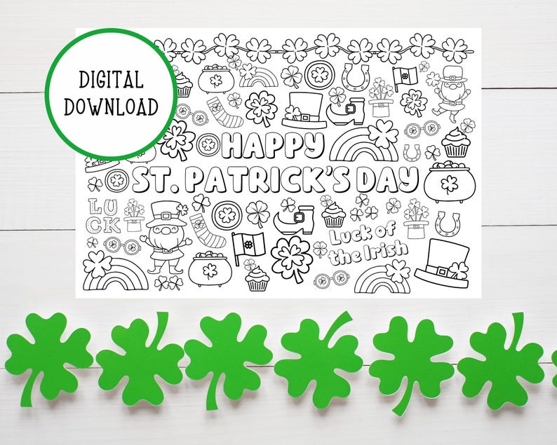 May include: Black and white printable coloring page featuring a St. Patrick's Day theme with shamrocks, rainbows, leprechauns, pots of gold, and the text "Happy St. Patrick's Day".