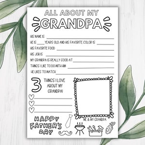 All About My Grandpa Questionnaire Printable - Fun Father's Day or Grandparents Day Activity - Keepsake Gift for Kids