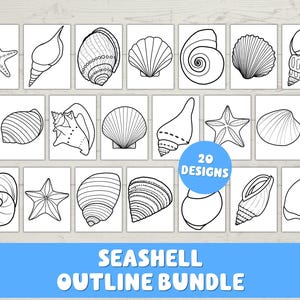 May include: A collection of 20 seashell outline designs in black and white. The image features various shell shapes, including starfish and spiral shells, arranged on individual cards. The text "Seashell Outline Bundle" is displayed at the bottom.