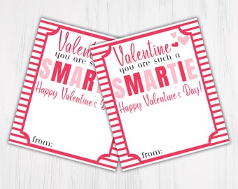 Smartie Valentines Day Tag Printable, Kids Valentine Card, School Valentines Cards, Candy Valentine, Printable Valentine, Red and Pink