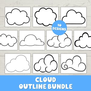 May include: A collection of ten cloud outline designs on white rectangular cards. Each cloud is outlined in black, with varying shapes and styles. The text "10 DESIGNS" is in a blue circle. The words "CLOUD OUTLINE BUNDLE" are in white letters on a blue background.