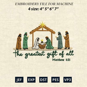 Het grootste cadeau van alle borduurontwerpen, christelijk kerstborduurbestand, kerststal Pes, kerstboom, direct downloaden