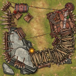 May include: A top-down view of a miniature wooden fort with a stone base. The fort is surrounded by a wooden fence with spikes. There is a wooden bridge leading to the fort. The fort has a wooden roof and a small window. There is a barrel and a few chairs inside the fort.