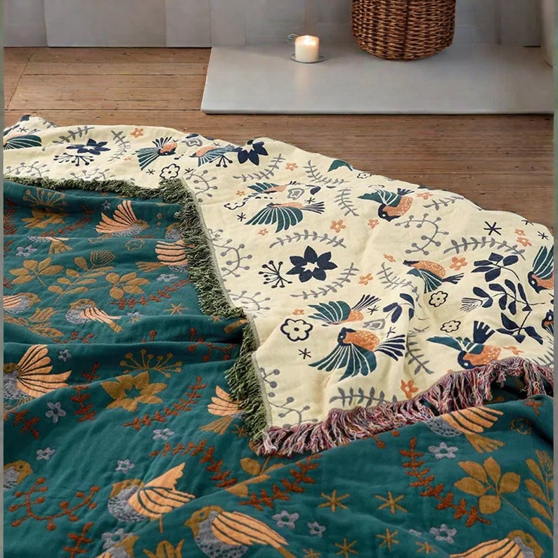 Couverture réversible pour canapé scandinave bleu sarcelle jetée bohème jeté en coton couverture tissée Boho grande couverture tricotée couvre-lit image 2